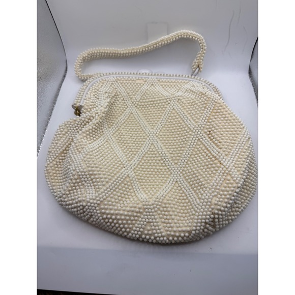 Marchi Handbags - Vintage Marchi for Macy's Beaded Handbag White Geometric Diamond Made in Japan